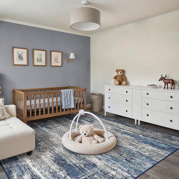 GENIMO Area Rugs 9x12 Living Room, Large Machine Washable Rug Non-Slip, Modern Soft Low Pile Rugs for Bedroom, Playroom, Dining Room, Blue Ivory