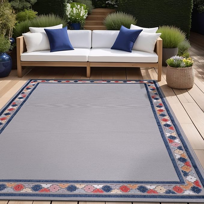 Beverly Rug Outdoor Rug 5x7 Modern Bordered Area Rugs for Indoor and Outdoor Patio Easy to Clean Non Shedding Living Room Porch Garden Washable Outside Carpet (5 x 7 Gray)