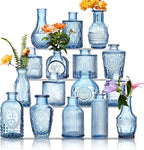 Glass Bud Vases Set of 16 - Blue Assorted Small Mini Glass Vases for Flowers, Crystal Vintage Vase Set, Bulk Centerpieces for Table Décor, Wedding, Home and Events (Blue, 16 Pcs)