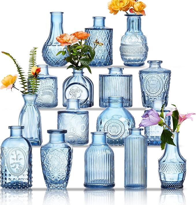 Glass Bud Vases Set of 16 - Blue Assorted Small Mini Glass Vases for Flowers, Crystal Vintage Vase Set, Bulk Centerpieces for Table Décor, Wedding, Home and Events (Blue, 16 Pcs)