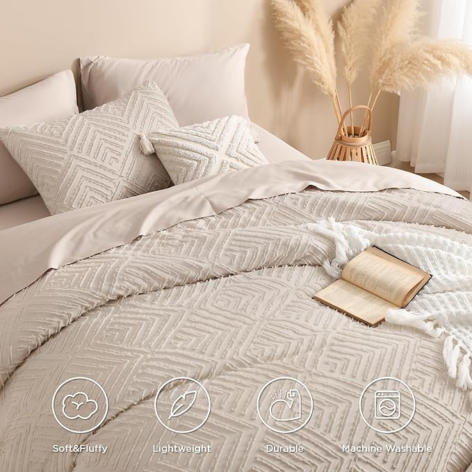 Andency Khaki Queen Comforter Set, 3 Pieces Lightweight Fluffy Boho Bedding Comforter Set, Tufted Farmhouse Shabby Chic Bed Set for All Seasons (1 Comforter 90x90In, 2 Pillowcases)