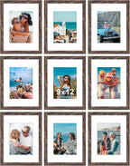 Vittanly 9x12 Picture Frames Set of 9, Shatter Resistant Plexiglass, Display 6x8 Pictures with Mat or 9x12 without Mat, Photo Frames for Wall or Tabletop, Engineered Wood, Brown
