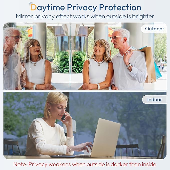 rabbitgoo Window Tint for Home One Way Privacy Window Film See Out Not in Heat UV Blocking Reflective Removable Static Cling Mirror Decorative House Glass Covering, Blue Silver, 17.5 Inch X 6.5 Feet