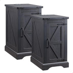JXQTLINGMU Farmhouse Nightstand Set of 2 with Charging Station, 17" D Rectangular End Table with Barn Door & Adjustable Storage Shelf, Wood Rustic Sofa Side Table for Living Room, Bedroom, Black