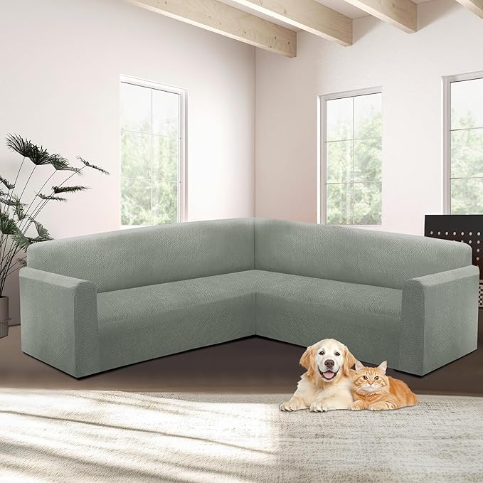 HDCAXKJ Sectional Couch Cover L Shape Stretch Sofa Covers Washable Jacquard Corner Couch Slipcover Non Slip Sectional Slip Cover U Shaped Furniture Protector for Pets Dogs (Grayish Green, Medium)