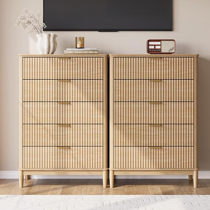 LINSY HOME Fluted Dresser for Bedroom with 5 Drawers, 46" Tall Mid Century Modern Dressers, Wide Boho Chest of Drawers, Large Wood Accent Storage Cabinet for Living Room, Curved Profile Design, Oak