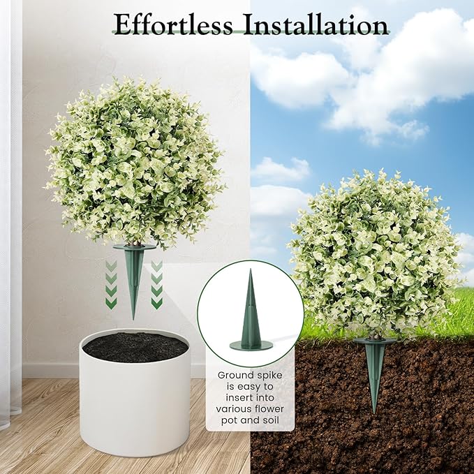 Lewondr Artificial Boxwood Topiary Ball Trees, 22.83'' Fake Plants Outdoor with Ground Spike, Set of 2 UV and Fade Resistant Faux Greenery Shrubs for Outdoor Indoor Front Porch Garden, Gradient White