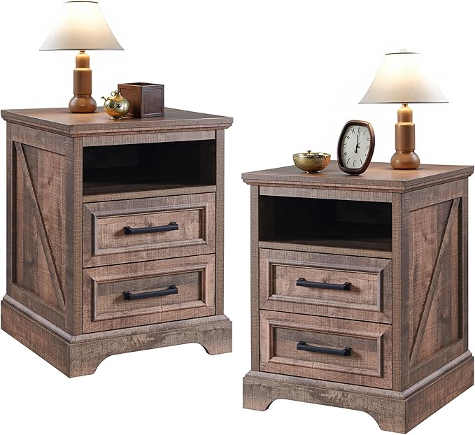 ACCOHOHO 18" Farmhouse Nightstand Set of 2 with Charging Station,End Table with 2 Drawers Storage,Side Table,Bedside Cabinet for Bedroom,Living Room, Light Brown