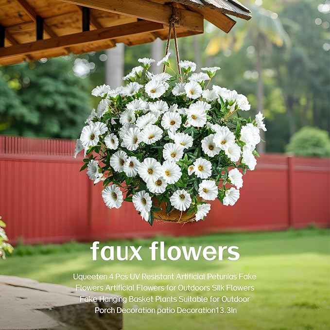 UV Resistant Artificial Petunias 13.3In Fake Flowers Artificial Flowers for Outdoors Silk Flowers 8PCS Fake Hanging Basket Plants Suitable for Outdoor Porch Decoration Patio Decor (White)