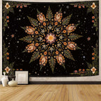 Fowocu Boho Floral Mandala Tapestry for Bedroom Aesthetic Vintage Bohemian Flower Wall Tapestry Black Green Hippie Indian Extra Large Tapestries Wall Hanging for Living Room Dorm Decor 90 x 68 Inch