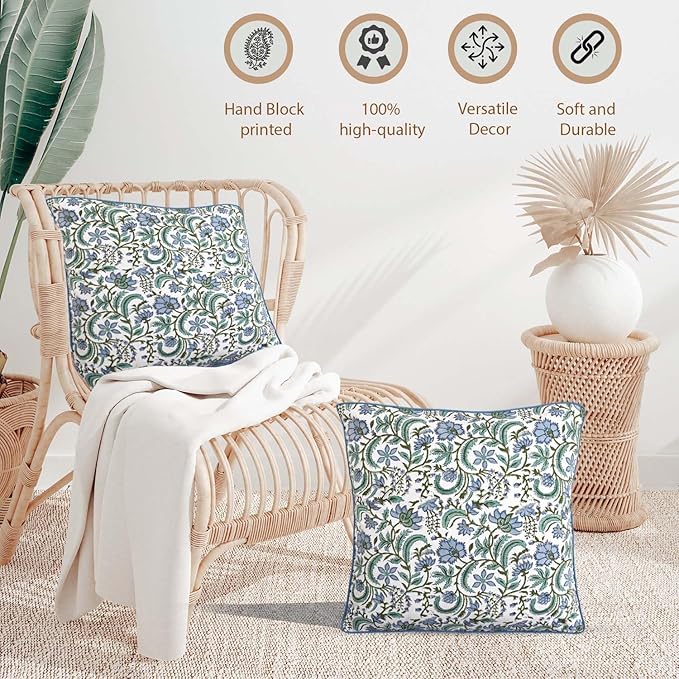 Ridhi Columbia Blue Block Print Cotton Throw Pillow Covers for Decorative Couch Pillows for Living Room, Chic Boho Cute Outdoor Valentine Pillows Covers Gifts 20x20 Inches