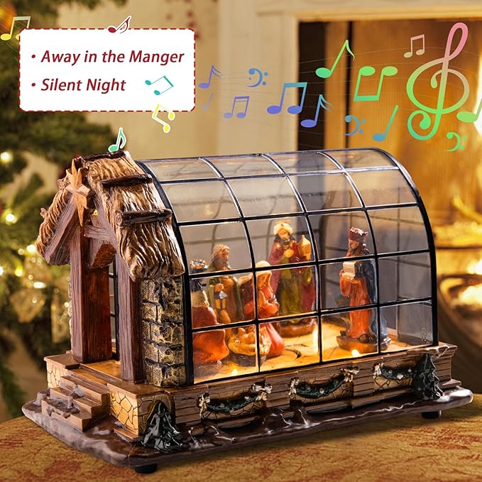 VCUTEKA Christmas Village Collectible Building, Animated Christmas Village Greenhouse Musical Village Perfect Addition to Your Xmas Indoor Decorations or Holiday Displays, Brown