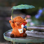 Garden Gnome with Highland Cattle 6.5“ Figurine Ornament for Indoor Outdoor Home Patio Yard Lawn, Red Hat, Blue Outfit, Indoor Outdoor Decorative Statue