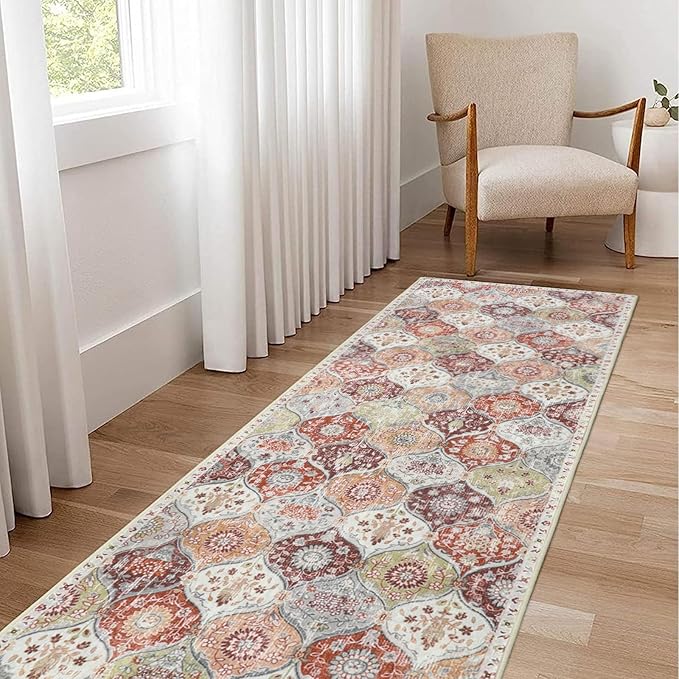 Lahome Moroccan Trellis Hallway Runner Rug, 2x6 Kitchen Runner Rugs Non Skid Washable, Vintage Laundry Room Rug Ultra-Thin Long Carpet for Bathroom Bedroom Entryway, Orange/Terracotta