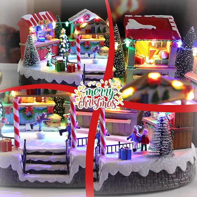 Bdor Christmas Market Village Scene with LED Lights | 8.3 x 5.9 x 5.9 Inches Battery Operated Holiday Decoration with Musical & Animated Market Stalls for Indoor Home Décor