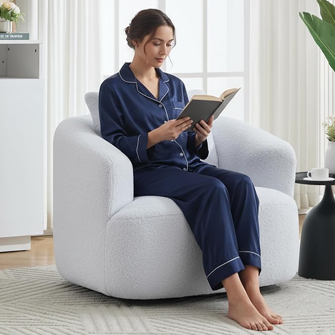 Luxlen Swivel Accent Chair with Pillow for Living Room, Teddy Fleece Upholstered Single Sofa, 360° Rotating Barrel Chair with Metal Base for Bedroom, Office, Apartment - White