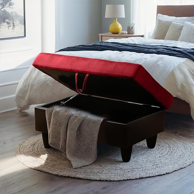 Ottoman Rectangular Storage Ottoman Bench, Flannel Footrest Stool Footstool with Lid for Living Room, Bedroom, Entryway, Red&Black, 35"x23.5"x17.5"