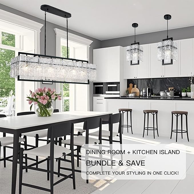 IKK Modern Rectangle Black Crystal Chandeliers for Dining Room, 42" Large Rectangular Water Ripple Glass Island Light Fixture, Linear Farmhouse Lighting for Kitchen Island, Living Room, L42xW11xH12