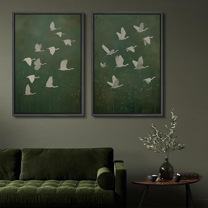 SIGNFORD Framed Canvas Print Wall Art Set Flight of Cranes Elegant Birds in Soft Green Hues Illustration Modern Art Decorative Nordic Nature for Living Room, Bedroom, Office - 24"x36"x2 Black