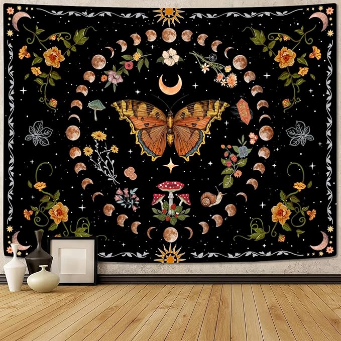 Aipon Orange Butterfly Moon Flower Tapestry Botanical Floral Plant Boho Tapestry for Bedroom Aesthetic Vintage Tapestries Wall Hanging for Living Room Dorm (44.00'' × 60.00'', Orange)