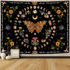 Aipon Orange Butterfly Moon Flower Tapestry Botanical Floral Plant Boho Tapestry for Bedroom Aesthetic Vintage Tapestries Wall Hanging for Living Room Dorm (44.00'' × 60.00'', Orange)