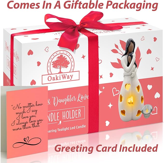 OakiWay Mother-Daughter Love Candle Holder Statue with Flickering LED Candle | Hand-Painted (Dark) - Unique Gifts for Mother's Day, Christmas, Birthday | Greeting Card Included