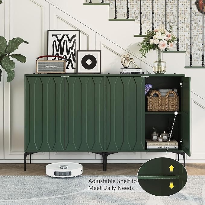 3More Accent Cabinet with 2 Doors,Sideboard Buffet Cabinet with Iron Legs and Adjustable Shelf,3D Lattice Design for Living Room, Entrance, Dining Room,Green