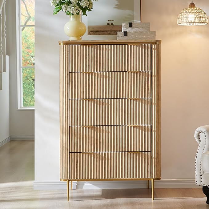T4TREAM Fluted 5 Drawers Dresser for Bedroom, 48" Tall Modern Dresser Chest of Drawers, Gold Accents, Fluted Fronts, Wood Storage Dressers Organizer for Bedroom, Living Room, Natural Oak