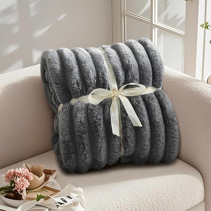 Amélie Home Faux Fur Throw Blanket for Couch, Ultra Cozy Fuzzy Fluffy Fur Luxurious Soft Striped Plush Gift Blankets for Family Sofa Chair Bed Living Room Bedroom, 60"x80", Ionic Wolf Gray