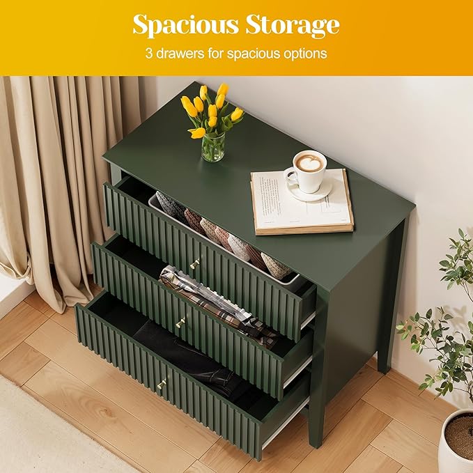 Large Green Fluted 3 Drawer Dresser Set of 2, Chest of Drawers with Ball Bearing Slide Modern 30 inch Tall Wood Nightstand with Spacious Storage for Bedroom Hallway Living Room Entryway