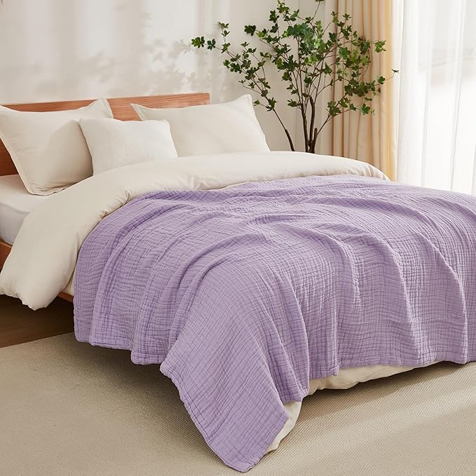 EMME Cotton Blanket Twin XL for Bed Soft Muslin Blankets 66"x90" Lightweight Breathable Layering Bedspread Coverlet All Season Gauze, Lavender