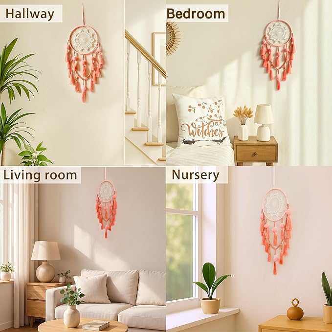 Pink Dream Catcher Wall Decor with Pompoms Macrame Large Dreamcatcher, Handmade Tassels Hanging Ornament Boho Room Decor for Girls Bedroom Living Room