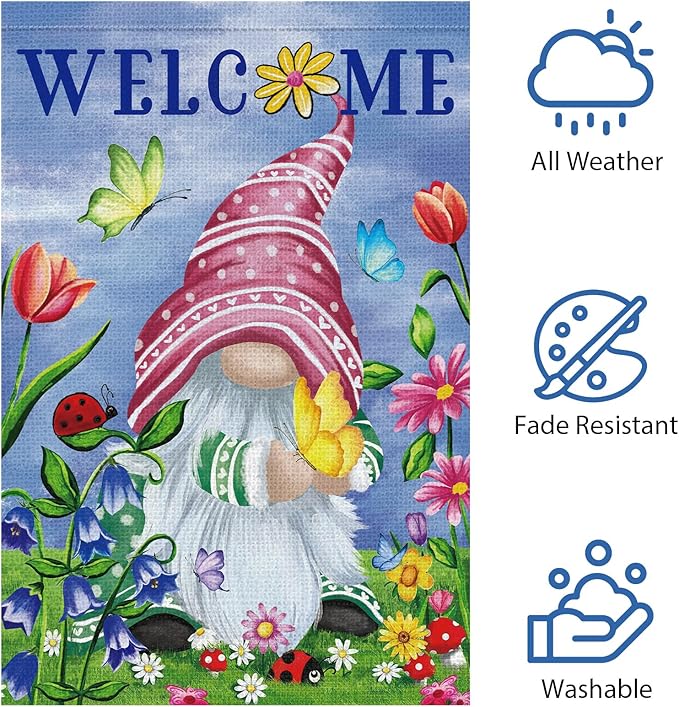 Welcome Spring Gnome Garden Flag 12x18 Double Sided Burlap Butterfly Floral Garden Yard Flags for Spring Summer Rustic Seasonal Outside Outdoor House Decoration (ONLY FLAG)