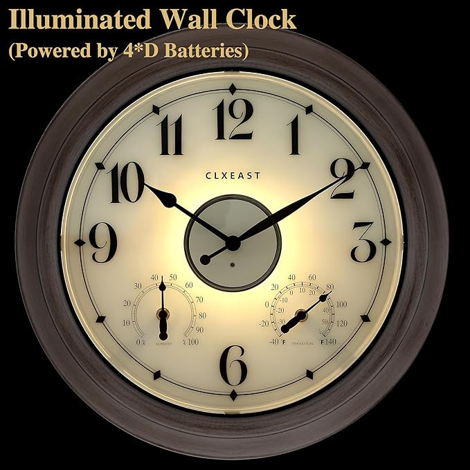 CLXEAST 18 Inch Illuminated Outdoor Clock with AI Smart Sensor, Large Farmhouse Wall Clock with Temperature & Humidity,Weathered White Finish,Unique House Warming Gifts
