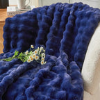 NEWCOSPLAY Faux Fur Throw Blanket Dark Navy Bubble Blanket Thick Warm Soft for Couch Sofa Bed 550GSM (Dark Navy, Throw(50"x60"))