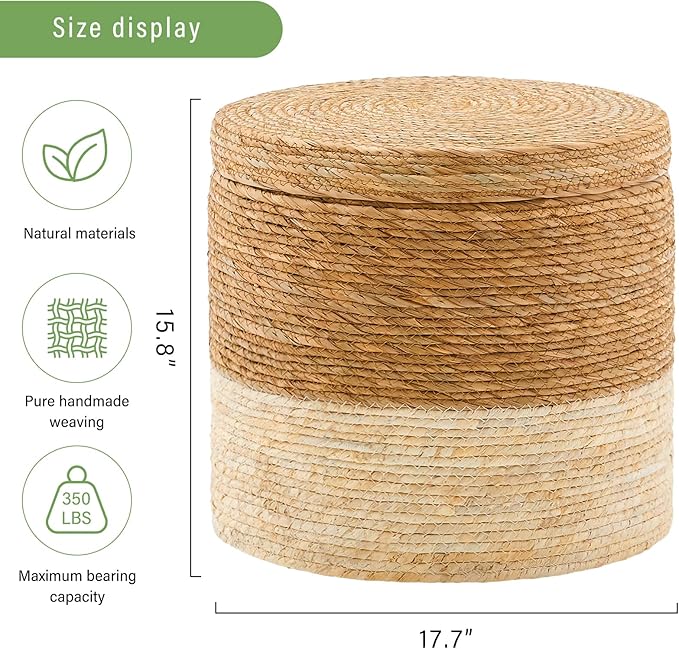 Wimarsbon Round Pouf Ottomans, Handwoven Natural Water Hyacinth Seagrass Pouffe,Outdoor Rattan Stool Accent Seat, Bohemian Coastal Home Decor (Storage - 18inch Natural Cattail & White Corn Shell)