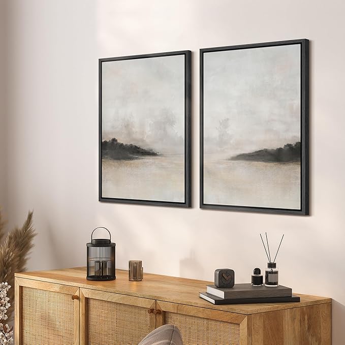 SIGNFORD Framed Canvas Print Wall Art Set Misty Horizon Soft Neutral Toned Landscape Illustration Modern Art Decorative Nordic Nature for Living Room, Bedroom, Office - 16"x24"x2 Black