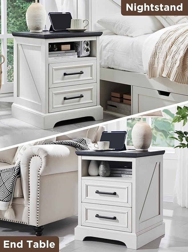 ACCOHOHO 18" Farmhouse Nightstand with Charging Station,End Table with 2 Drawers Storage,Side Table,Bedside Cabinet for Bedroom,Living Room,White