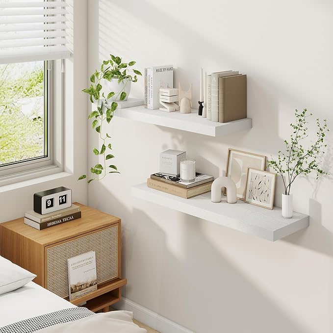 Fun Memories 32 Inch Floating Shelves for Wall, 9 Inch Deep White Rustic Wood Wall Mounted Shelves for Bathroom, Bedroom, Living Room, Set of 2