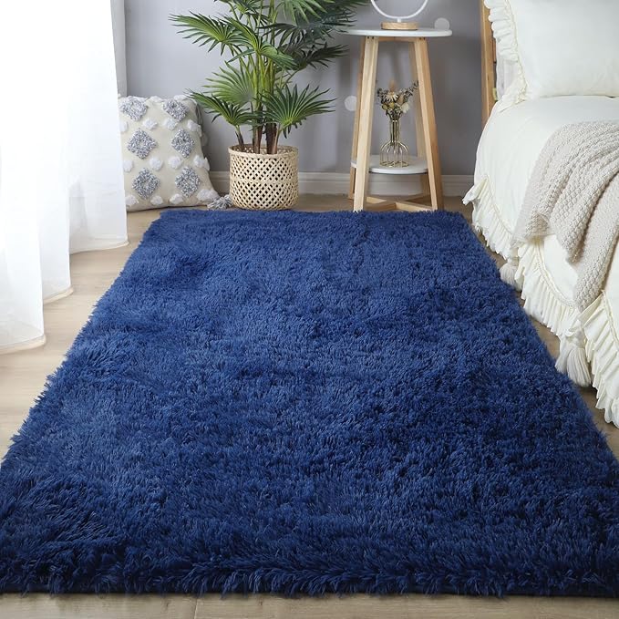 CAIYUECS Blue Shag Area Rug,Indoor Ultra Soft Plush Rugs for Bedroom Living Room, Non-Skid Modern Nursery Faux Fur Rugs for Kids Room Home Decor (5x7 Feet, Navy Blue)
