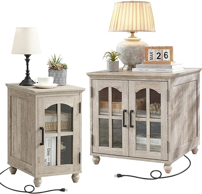 Farmhouse End Table Set of 2 with Charging Station, 18'' Narrow Side Table and 24" Large Sofa Table with Glass Barn Door Storage, Wood Night Stand Bedside Cabinet for Living Room,Bedroom