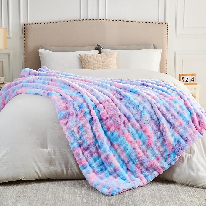 NEWCOSPLAY Faux Fur Twin Blanket Purple Rainbow Luxury Fluffy Thick Warm Bubble Blanket for Couch Sofa Bed 700GSM (Purple Rainbow, Twin(60"x80"))