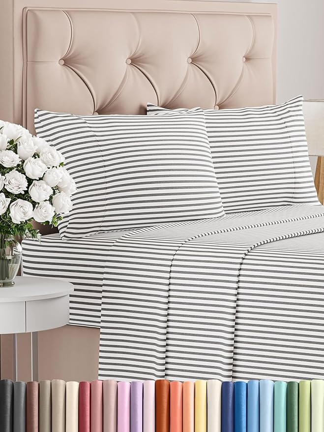 Twin XL Sheets Set 4 Piece - Includes 2 Pillowcases - Bed Sheets Twin XL - Soft Hotel Luxury Bedding - Cooling, Comfy & Breathable - 1 Flat & 1 Fitted & 2 Pillowcases w/ Deep Pockets - Grey Stripes