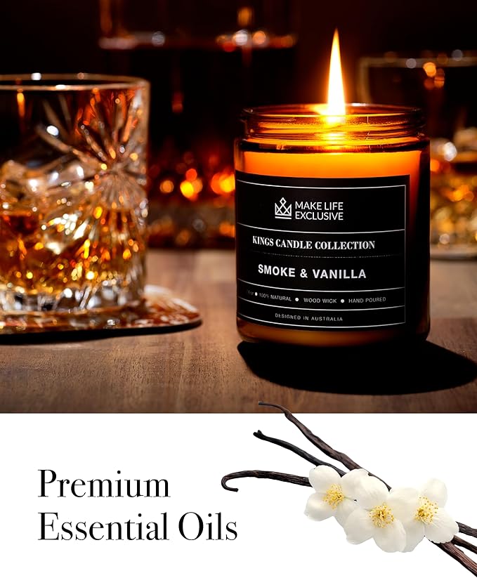 Scented Candles for Men | Smoke and Vanilla, Tobacco and Vanilla |Wooden Wick, Long Lasting, Masculine Scents | Natural Soy Jar Candle for Home, Bachelor Pad Decor | The Perfect Mens Gift