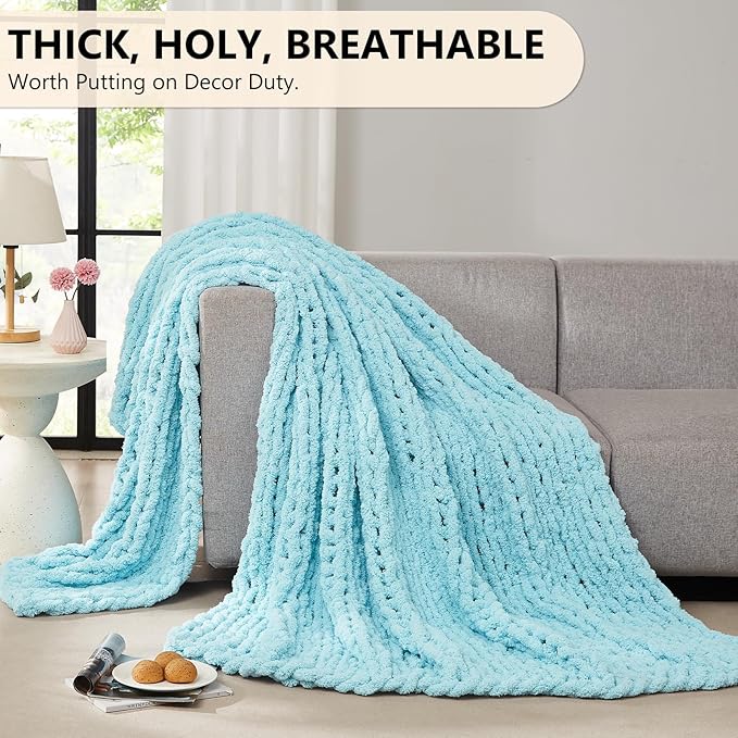L'AGRATY Chunky Knit Blanket Throw: 72''x84'' Chenille Thick Big Cable Knit Blanket - Handmade - Light Blue