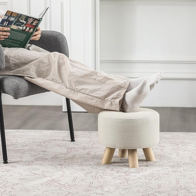 Asense Small Round Ottoman Foot Rest Stool Fabric Padded Seat Footstool Ottoman with Non-Skid Wooden Legs (Beige,Fabric)