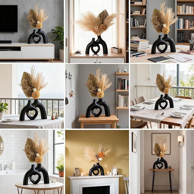 Hug Snuggle Hollow Donut Ceramic Vases, 9 Inch Modern Nordic Minimalist Decorative Vase for Home Decor Table Centerpiece Bookshelf Office Entryway Aesthetic Decoration (Matte Black)