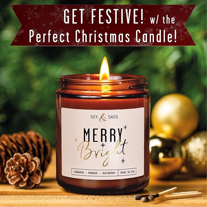 Christmas Candles Scented – ‘Merry & Bright’ Soy Christmas Candle, w/Cranberries, Cinnamon & Orange - Infused with Essential Oils I Holiday Candles I 9oz, 50Hr, Made in USA