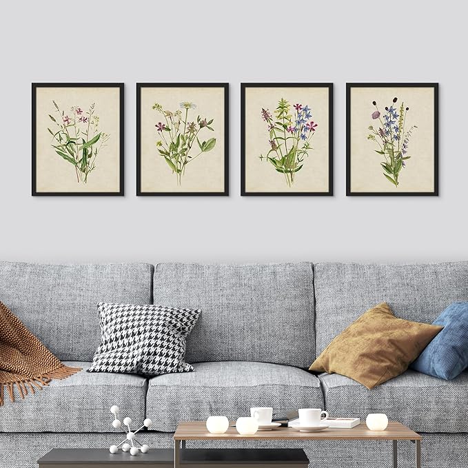 SIGNWIN Framed Watercolor Floral Botanical Wall Art, Set of 4 Vintage Wall Decor Prints, Minimalist Wall Décor for Living Room, Bedroom - 12"x16" Black