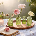 Embossed Bud Vases Set of 24, Vintage Flower Vase Green Glass Mini Vases for Centerpieces, Decorative Small Vase Bulk for Flowers, Wedding Table Decorations, Party, Baby Shower, Home Decor,